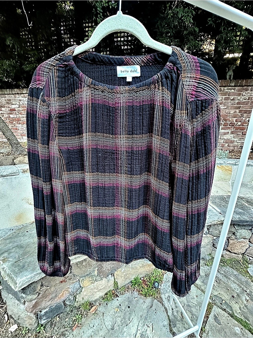bella dahl Plaid Crinkle Gauze Long Sleeve Top Blouse Black & Pink Large